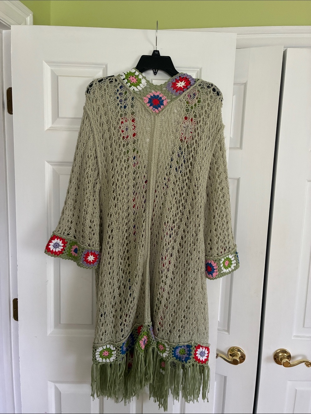 Boutique Boho Crochet-Trim Open Front Olive Green Sage Women's Sweater Cardigan - Picture 8 of 10